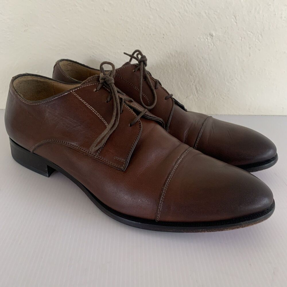Barneys New York Mens Brown Leather Cap Toe Oxford Derby Dress Shoes Made Italy